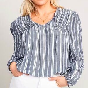 Old Navy Poet Blouse Crinkle Smocked Blue White Stripe Boho Coastal Oversized XL